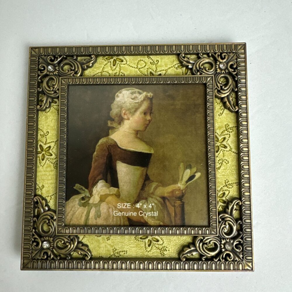 NEW Heavy Bronze Metal Ornate Picture Frame GENUINE CRYSTAL 6" x 6"